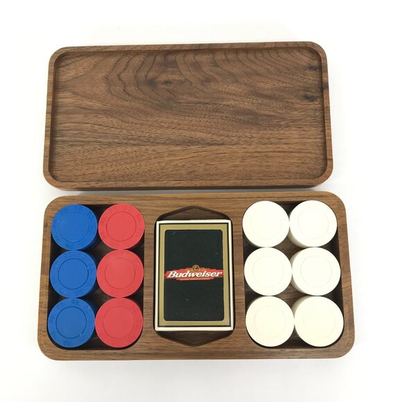 Vintage Budweiser Poker Chip Set 96pc Wooden Box Cards - Picture 1 of 10